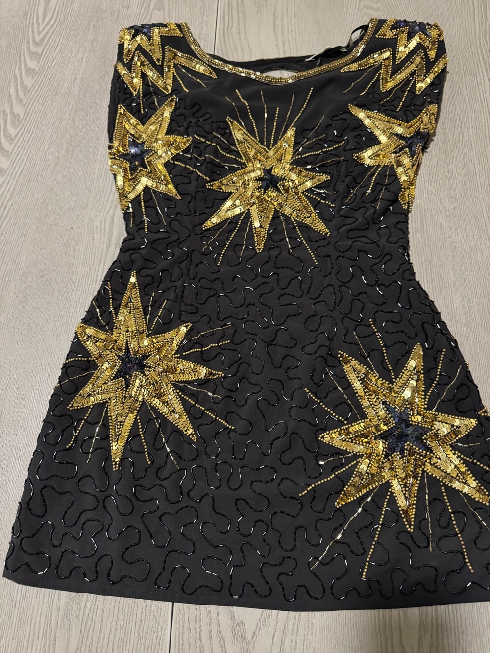 LoveShackFancy Black Mini Dress with Gold Starburst Sequins